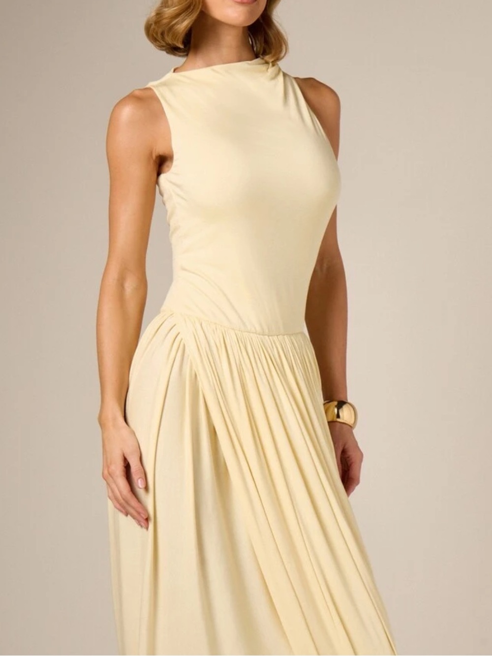 Butter yellow cream Sleeveless draped ruched stretchy midi maxi Dress - Picture 4 of 5